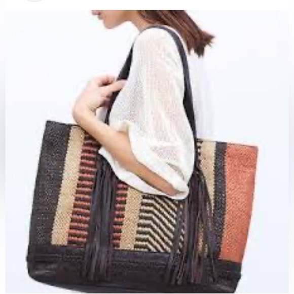 Zara Ethnic Woven And leather Fringe Tote Bag - Picture 2 of 12